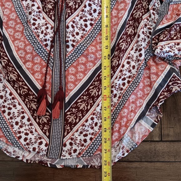 Knox Rose Womens Top XL Maroon Chevron Floral Boho Smocked Off The Shoulder Crop - Picture 7 of 7